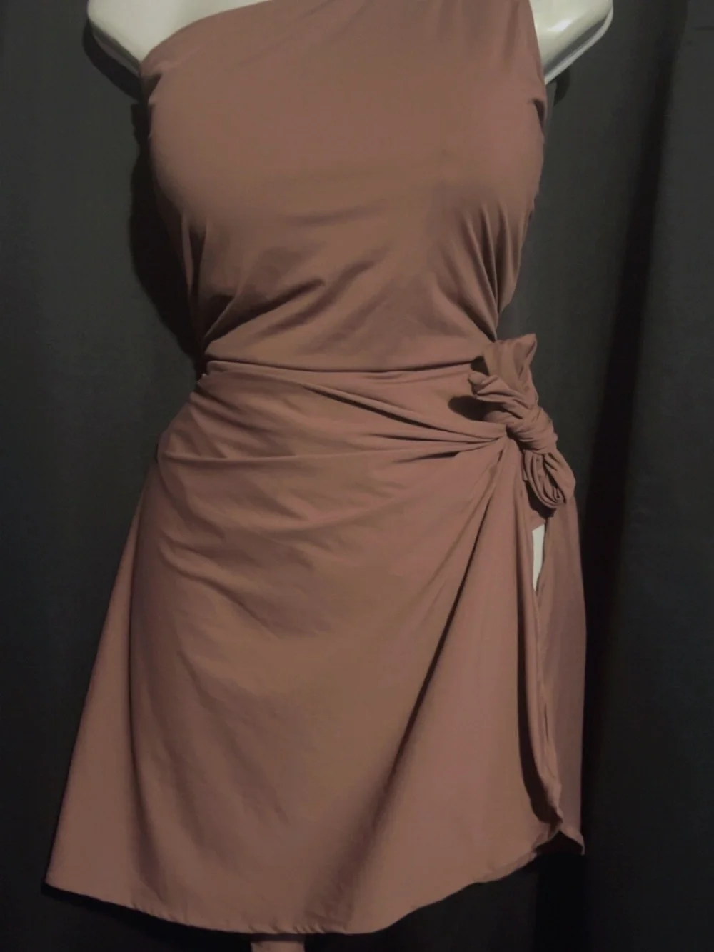 Ada One-Shoulder Knot-Waist Dress in Mauve-Brown